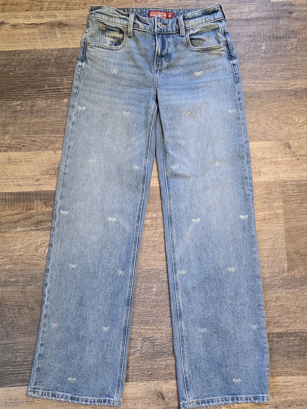 Womans Lucky Brand Medium Blue Washed Embroidered Baggy Wide-Leg Jeans